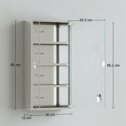 HOMCOM 4 Tier Stainless Steel Wall Mounted Medicine Cabinet Glass Lockable Door Storage Shelves Houseware Bathroom Furniture 60Hx30Wx12D(cm) w/2 Keys