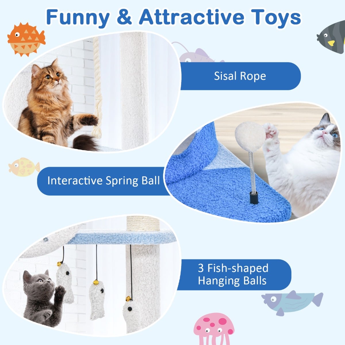 Ocean-themed Cat Tree Tower with Sisal Covered Scratching Posts-Blue