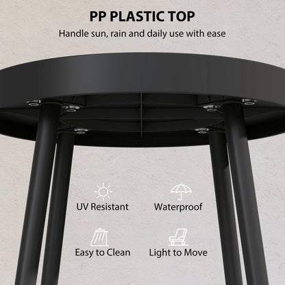 Outsunny 49.5 cm Round Garden Table, Small Outdoor Coffee Side Table with Plastic Tray-Style Top, Metal Legs, Black