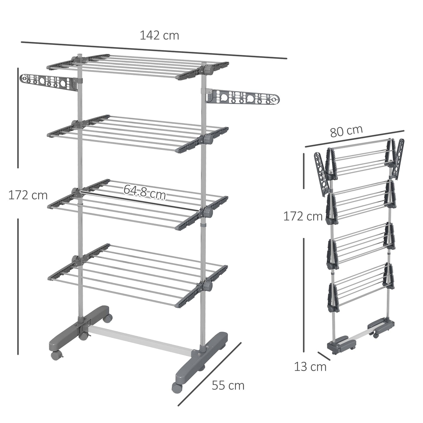 HOMCOM Four-Shelf Collapsing Clothes Horse, With Side Arms and Wheels - Grey