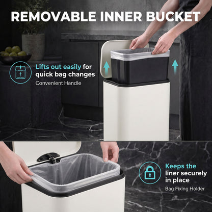 HOMCOM 20 L Kitchen Pedal Bin, Metal Rubbish Bin with Removable Inner Bucket, Soft-Close & Stay-Open Lid, Cream White