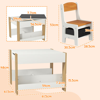 HOMCOM Three-Piece Kids Table and Chair Set with Blackboard, Storage, Bookshelves - Natural Wood