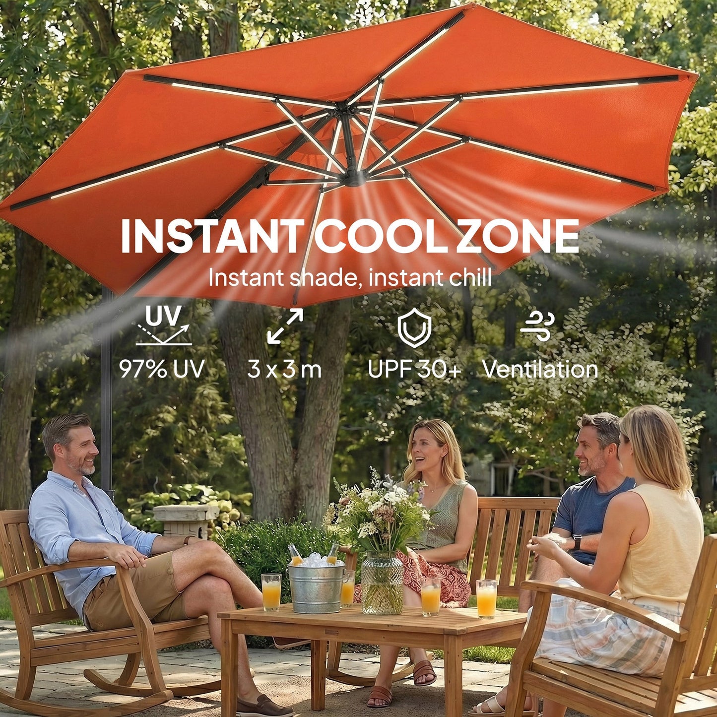 Outsunny 3 m Garden Cantilever Parasol with LED Solar Light, Round Overhanging Umbrella with 360 degrees Rotation, Cover, Orange