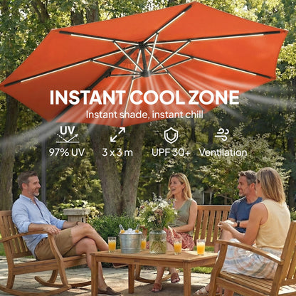 Outsunny 3 m Garden Cantilever Parasol with LED Solar Light, Round Overhanging Umbrella with 360 degrees Rotation, Cover, Orange