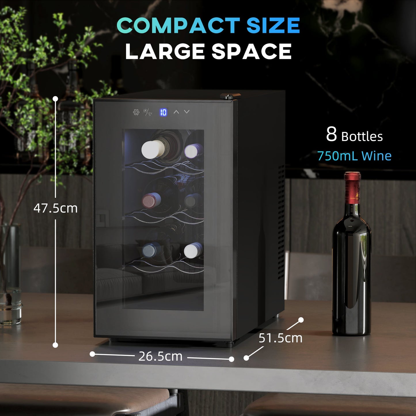 HOMCOM Mini Table Top Wine Fridge, 8 Bottle, 17L, 8-18√¢‚Äû∆í, 26.5cm Quiet Under Counter Wine Cooler Fridge with Glass Door, LED Light, Digital Touch Screen, Temperature Control
