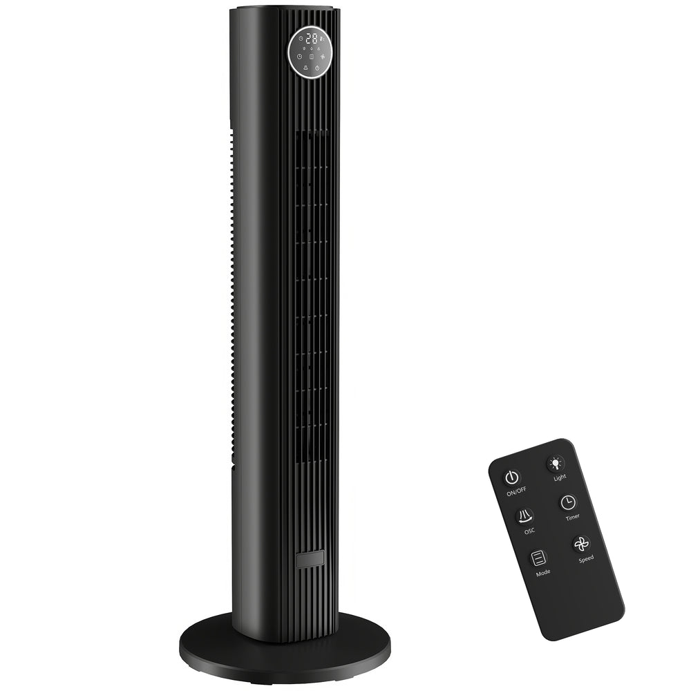 HOMCOM 28dB Tower Fan for Bedroom, 36 inch, 8 m/s Velocity Standing Cooling Fan with 80° Oscillating, BLDC Motor, 12 Speeds, LED Display, 4 Modes, 12H Timer, Remote Control, Black