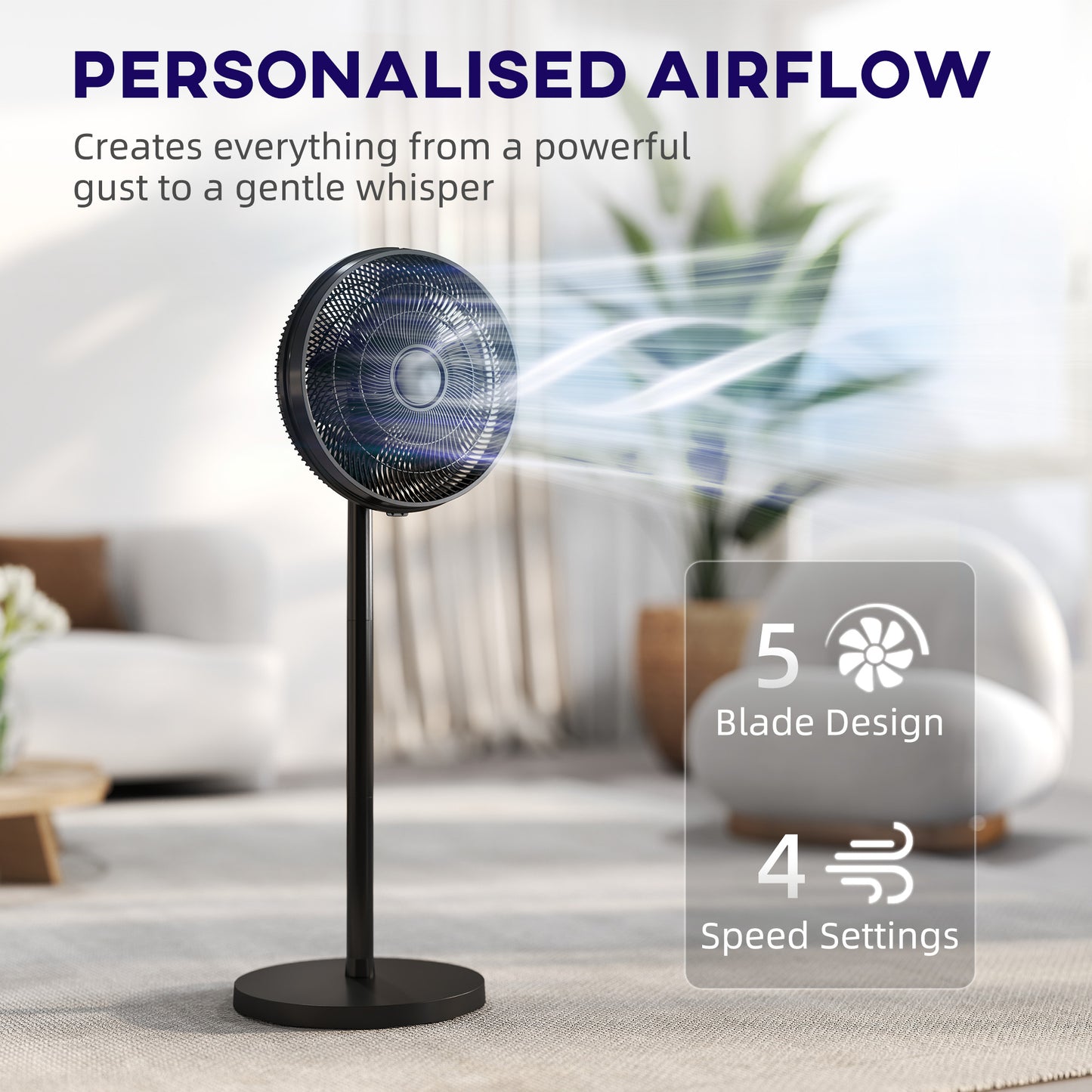 HOMCOM 40 cm Standing Fan, Cooling Floor Fan with 80° Oscillating, Adjustable Tilt and Height, 4 Speed, Remote Control, Black