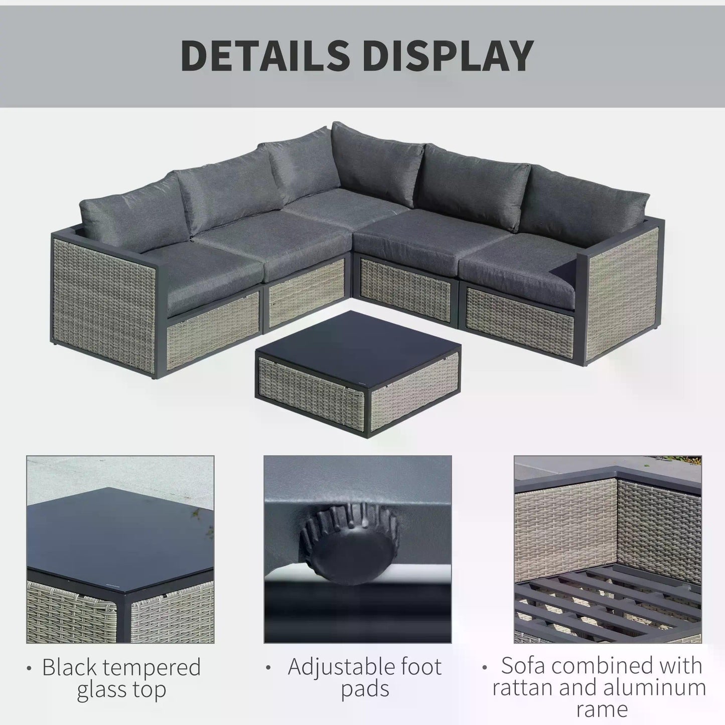 Outsunny 6 Pieces Patio Wicker Corner Sofa Set, Outdoor PE Rattan Sectional Conversation Aluminum Frame Furniture Set w/ Padded Cushion & Coffee Table, Grey