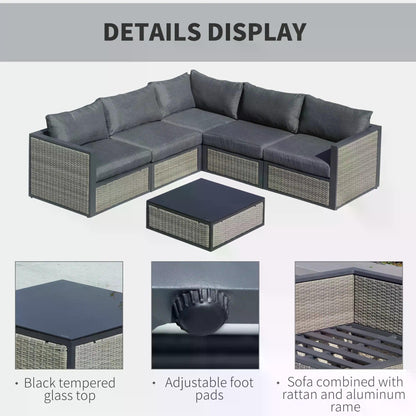 Outsunny 6 Pieces Patio Wicker Corner Sofa Set, Outdoor PE Rattan Sectional Conversation Aluminum Frame Furniture Set w/ Padded Cushion & Coffee Table, Grey