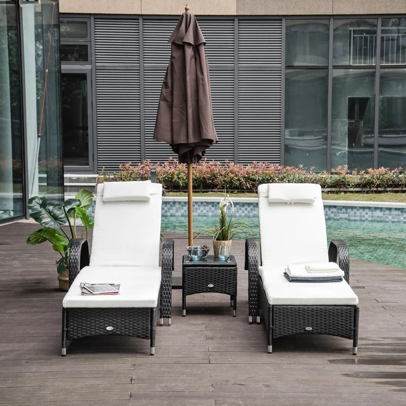 Boro 2 Seat Rattan Reclining Sun Lounger with Side Table Set Brown, Grey, Black