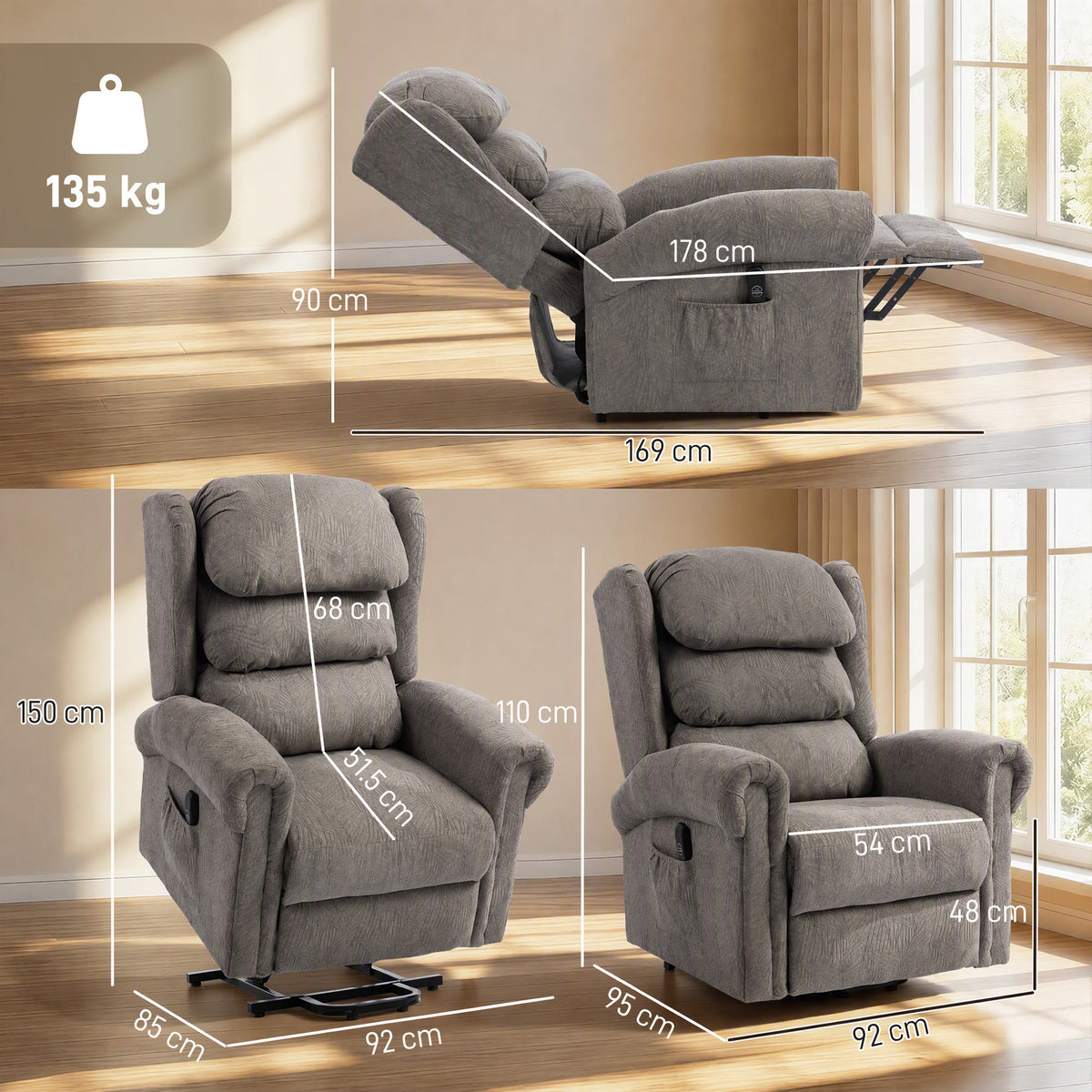 HOMCOM Velvet-Feel Electric Riser Recliner Chair, Power Lift Recliner Chair for Elderly with Remote Control, Dark Grey
