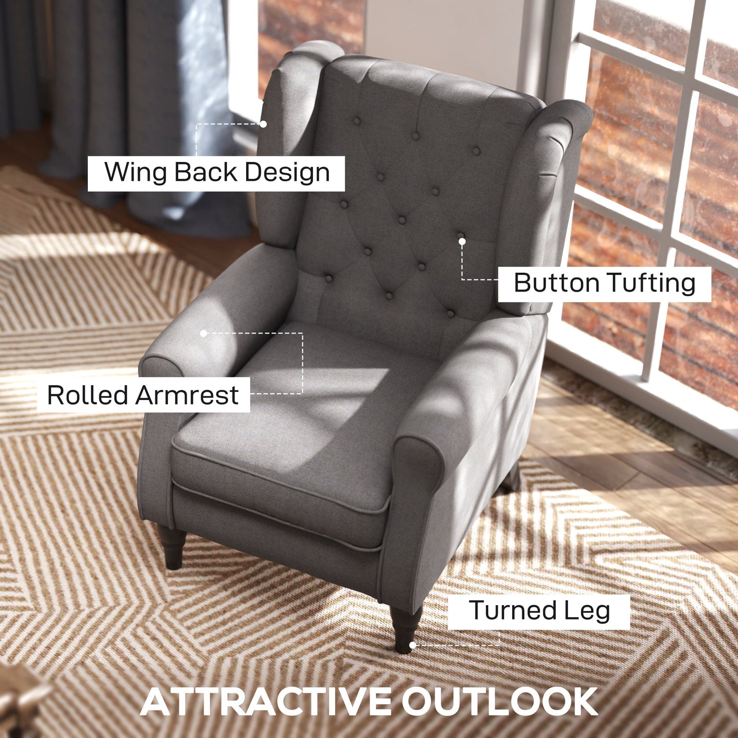 HOMCOM Retro Accent Chair, Linen Wingback Armchair with Wood Frame Button Tufted Design for Living Room Bedroom, Dark Grey