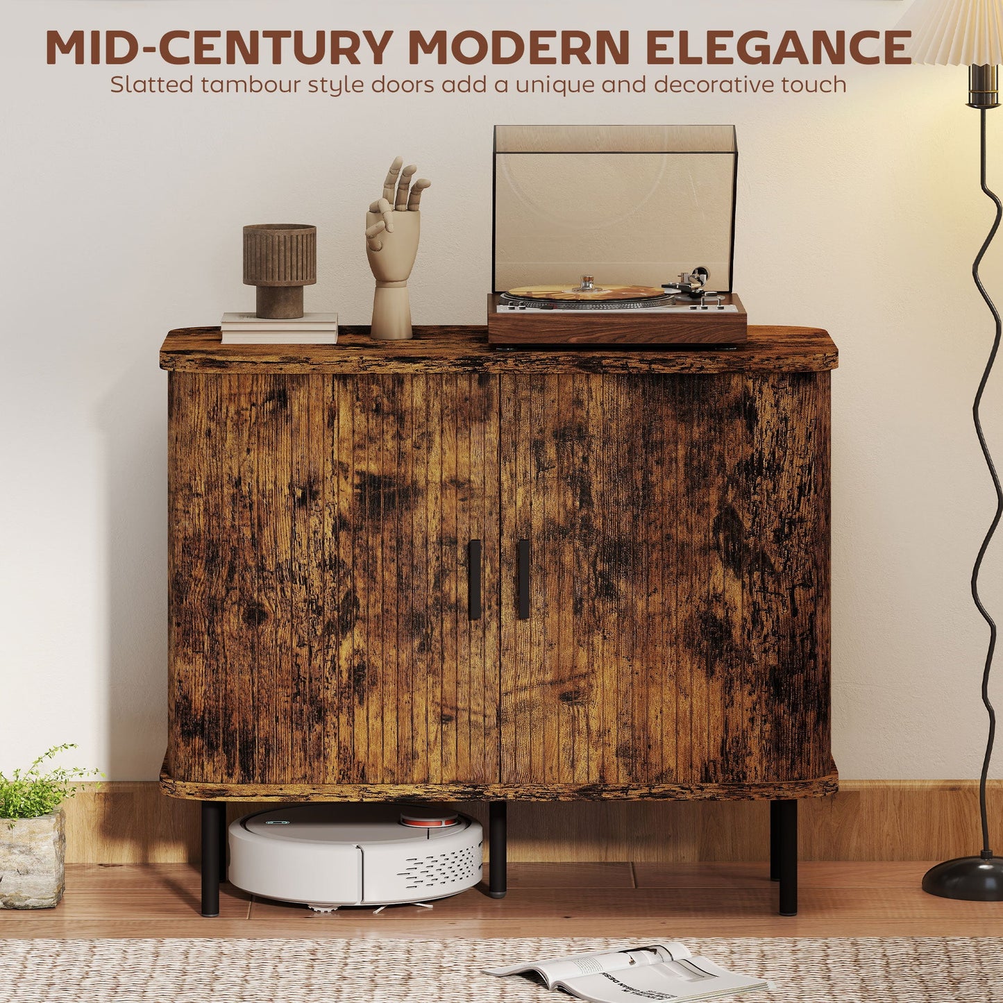 HOMCOM Mid-Century Modern Sideboard Storage Cabinet with Slatted Tambour Sliding Doors, Kitchen Cabinet with Steel Legs, Rustic Brown