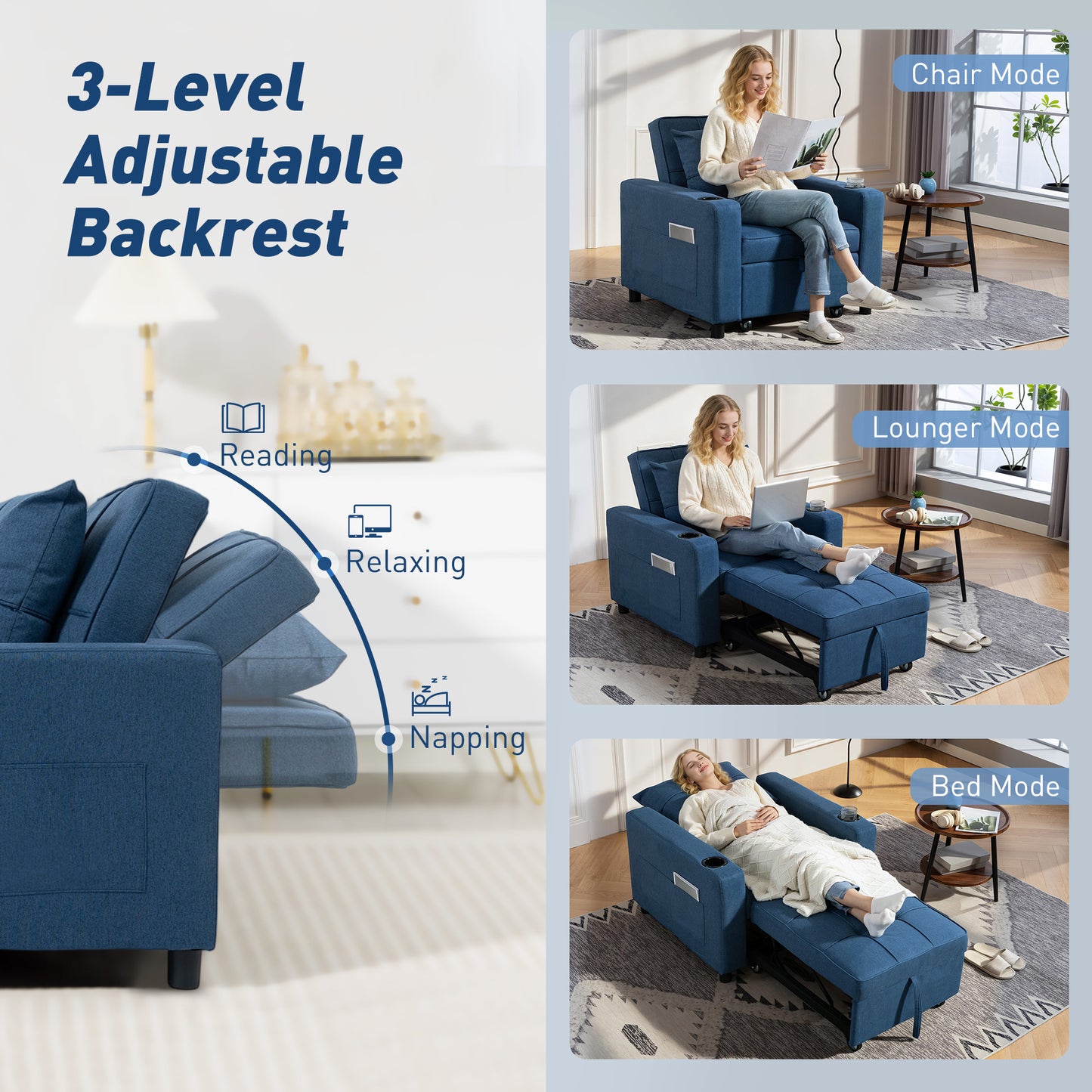 HOMCOM 3-in-1 Single Sofa Bed, Convertible Sleeper Chair Bed - Dark Blue