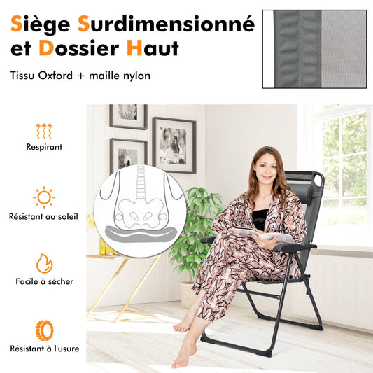 Patio Folding Chairs Set of 2 with Wide Armrests and 7-Level Backrest for Camping Backyard Garden-Grey