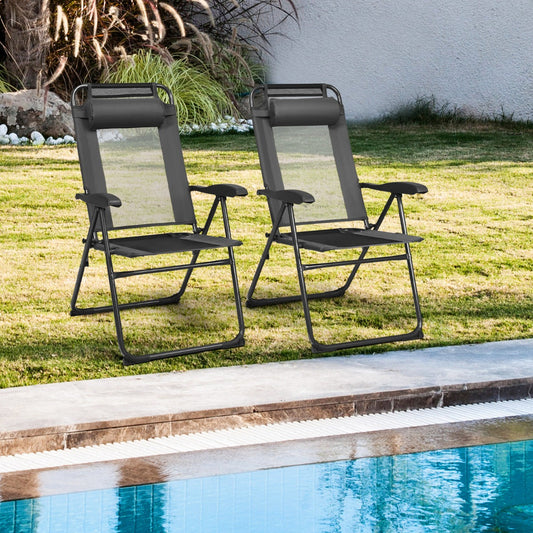 Patio Folding Chairs Set of 2 with Wide Armrests and 7-Level Backrest for Camping Backyard Garden-Grey