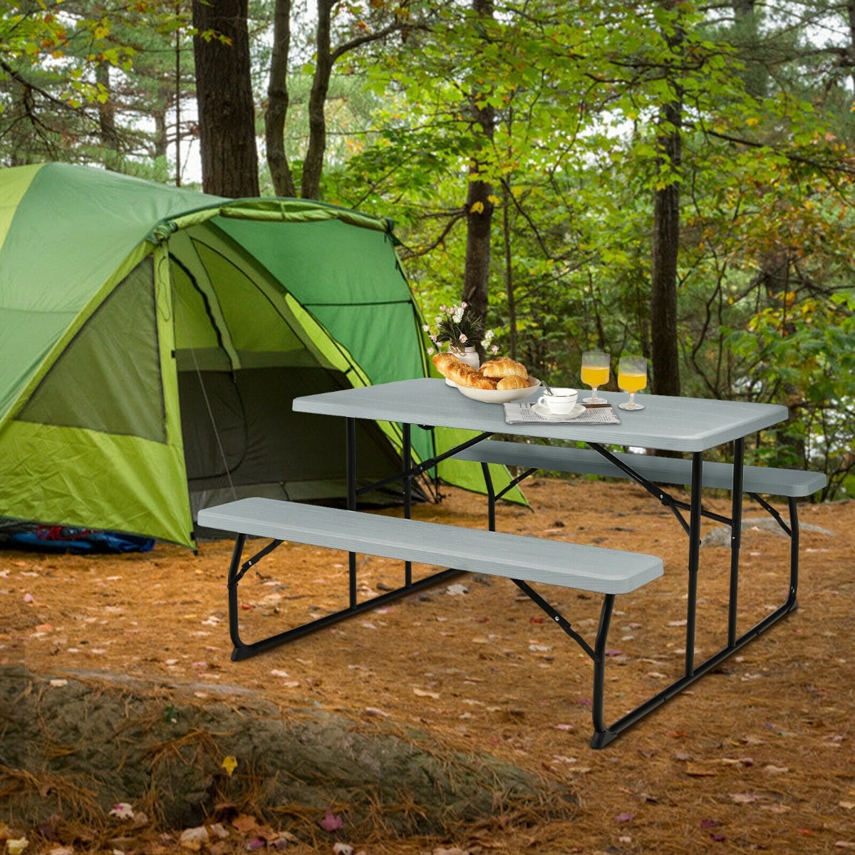 Foldable Picnic Table Bench Set with Anti-slip Pads-Grey