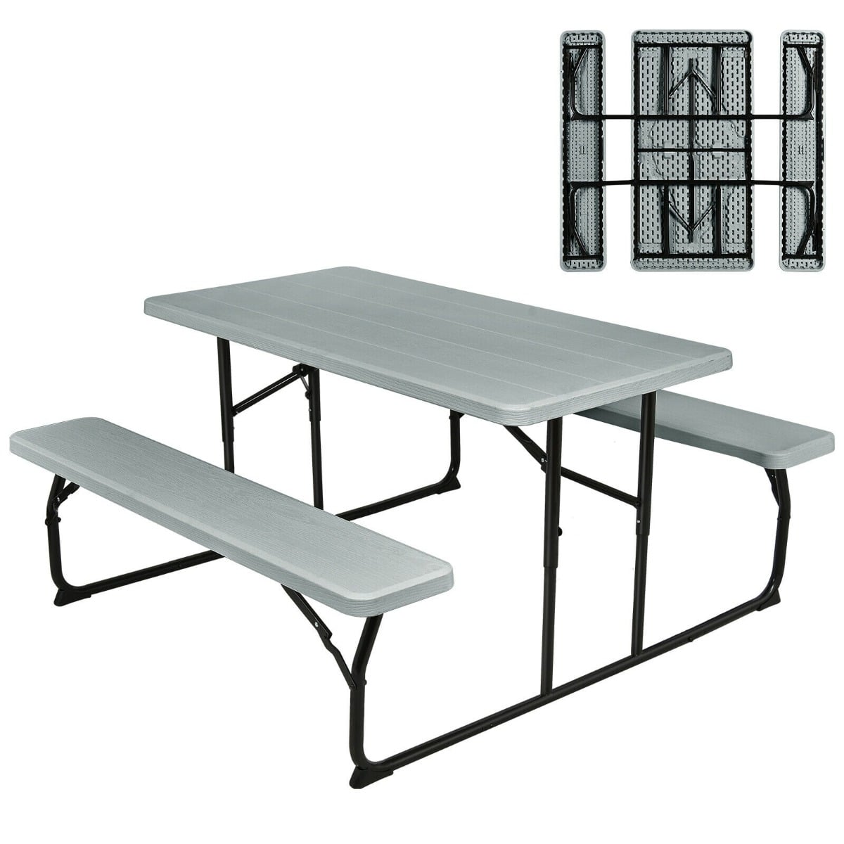 Foldable Picnic Table Bench Set with Anti-slip Pads-Grey