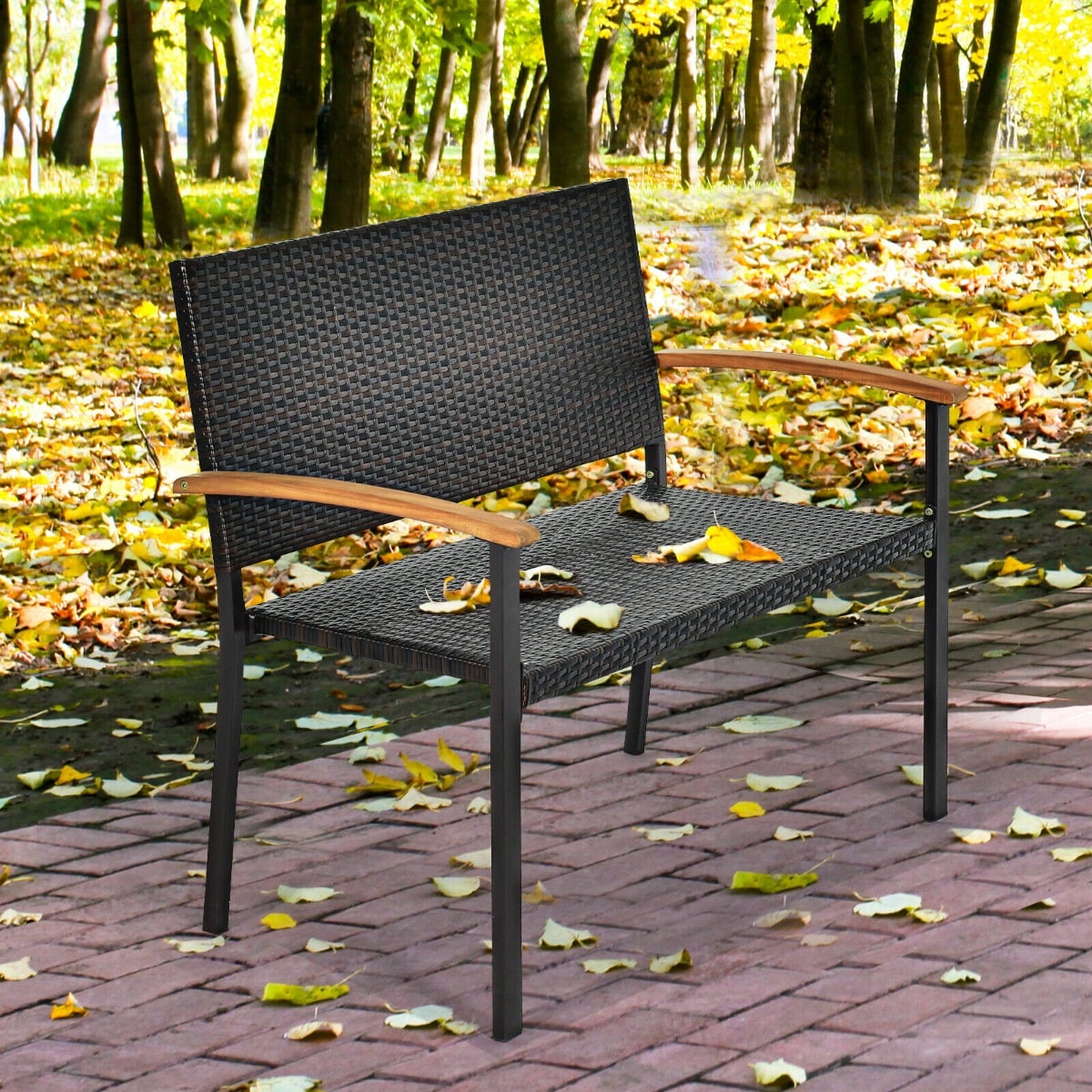2 Seater Wicker Leisure Loveseat with Acacia Wood Armrests