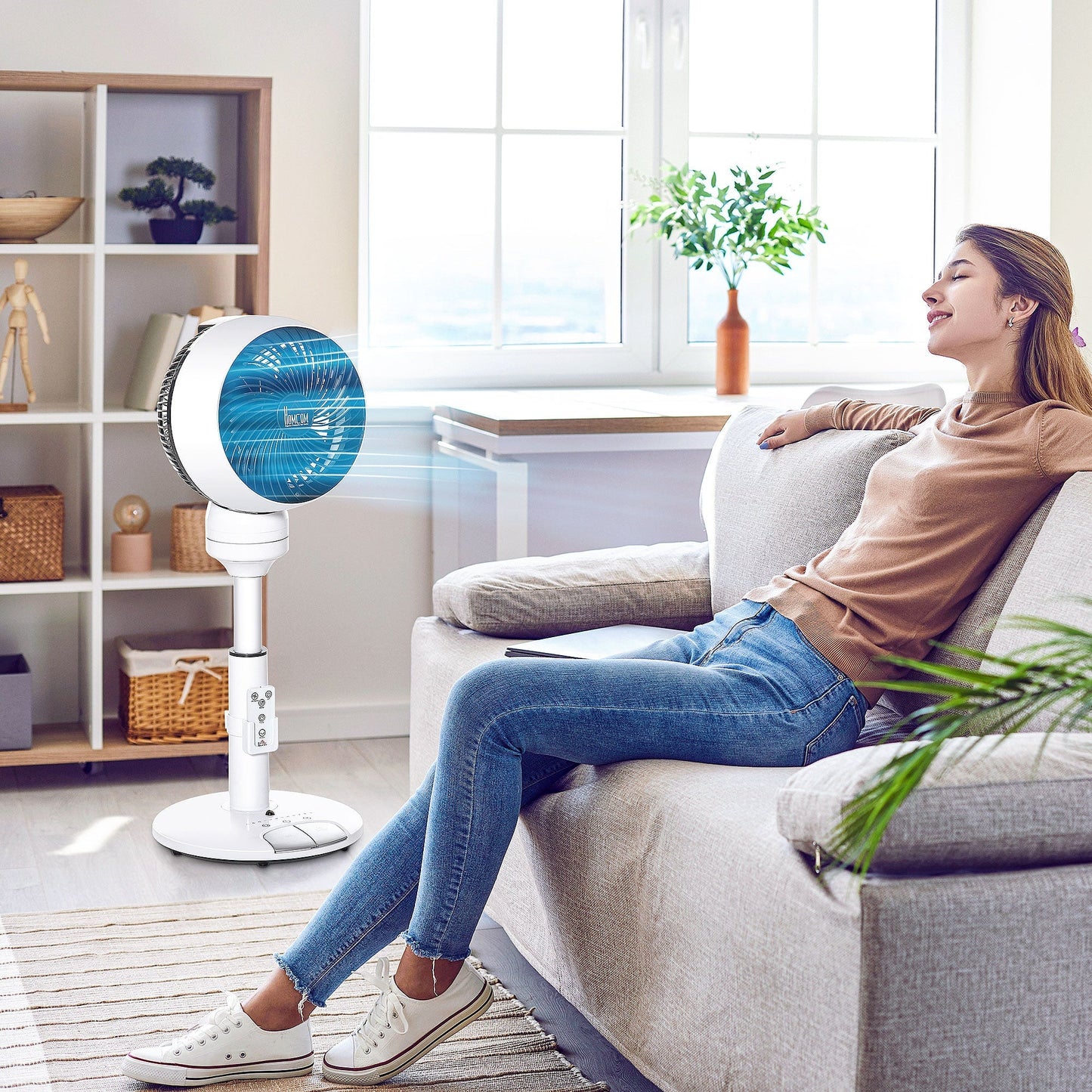 HOMCOM 9'' Air Circulator Fan 3 Speed 3 Mode, 70 degrees Oscillation 90 degrees Vertical Tilt, Height Adjustable, Remote Controller, for Living Room, Bedroom, Office, Black and White