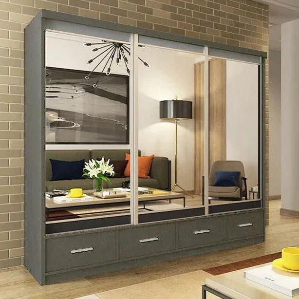 Newry Grey Sliding Door Mirrored Large Wardrobe with Drawers - 250cm