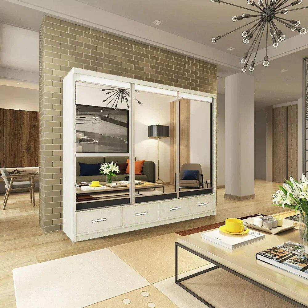 Newry White Sliding Door Mirrored Large Wardrobe with Drawers - 250cm