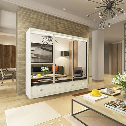 Newry White Sliding Door Mirrored Large Wardrobe with Drawers - 250cm