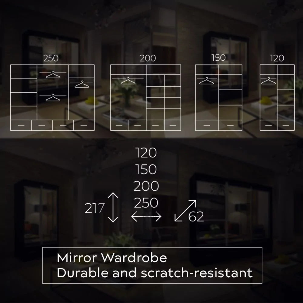 Newry White Sliding Door Mirrored Large Wardrobe with Drawers - 250cm