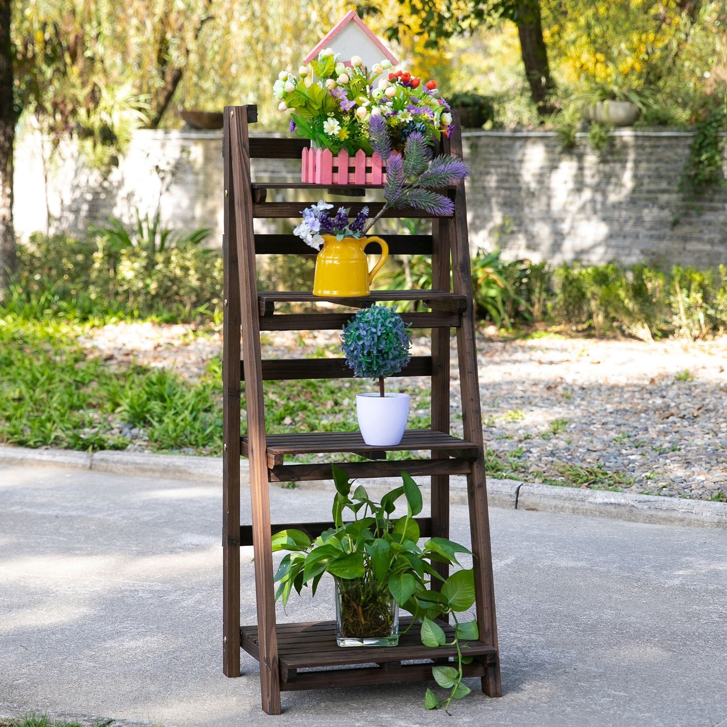 Outsunny 4-Tier Foldable Plant Stand, Wooden Ladder Shelf, Flower Pots Holder for Indoor Outdoor, 45L x 35W x 108H cm