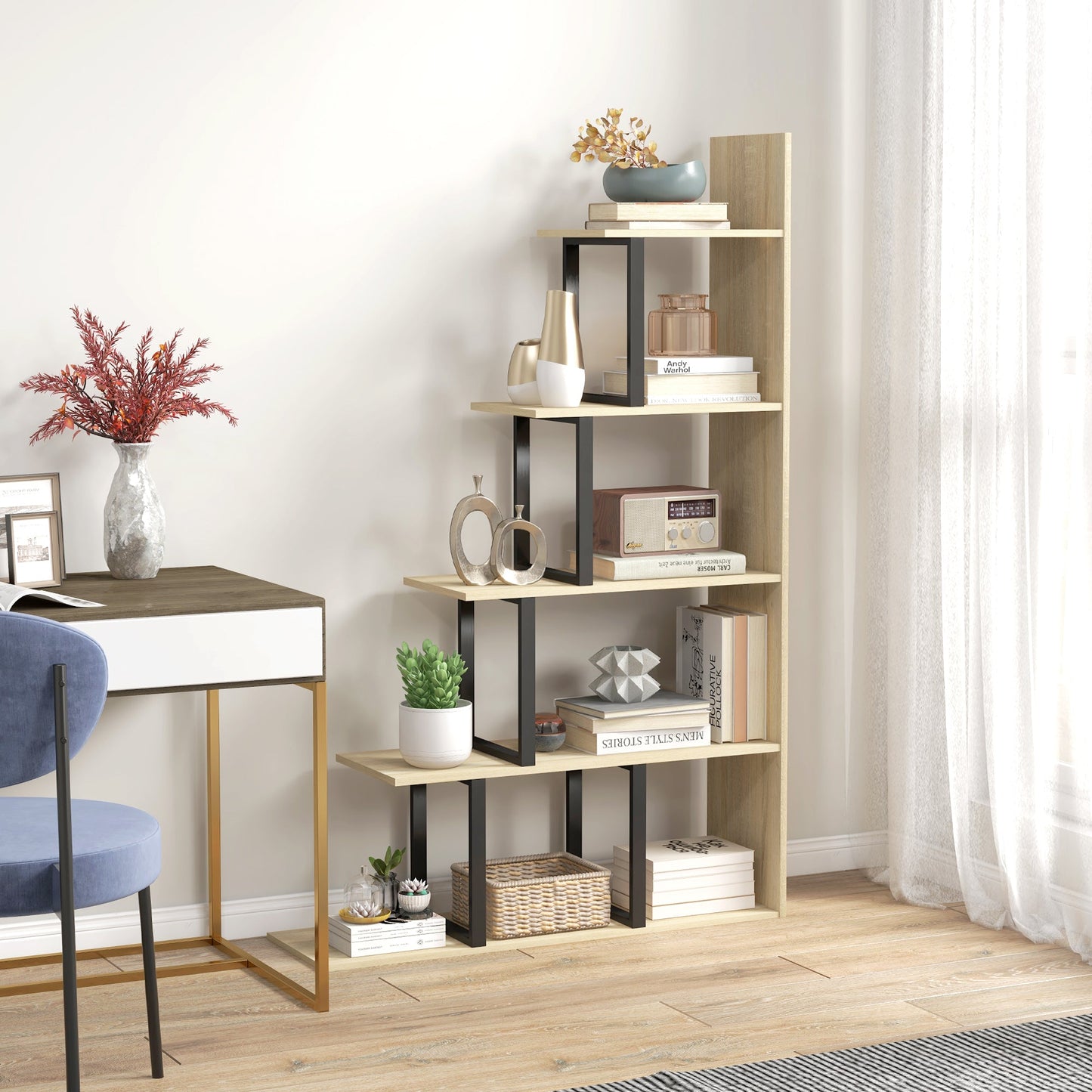 HOMCOM 5-Tier Bookcase, Wooden Ladder Bookshelf Display Stand, Oak