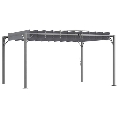 Outsunny 4 x 3(m) Outdoor Pergola with Retractable Roof, Aluminium Louvered Patio Gazebo Canopy for Lawn Garden Patio, Grey