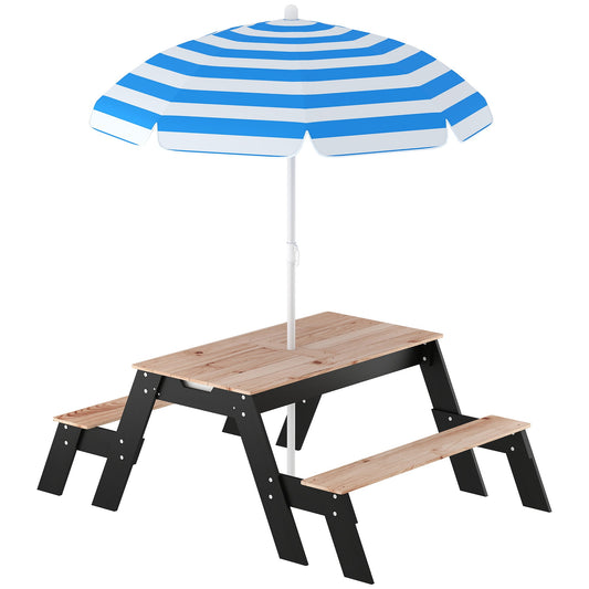 AIYAPLAY Kids Garden Furniture with Parasol, 3 in 1 Wooden Sand and Water Table with 2 Hidden Play Boxes for Patio, Ages 3-6