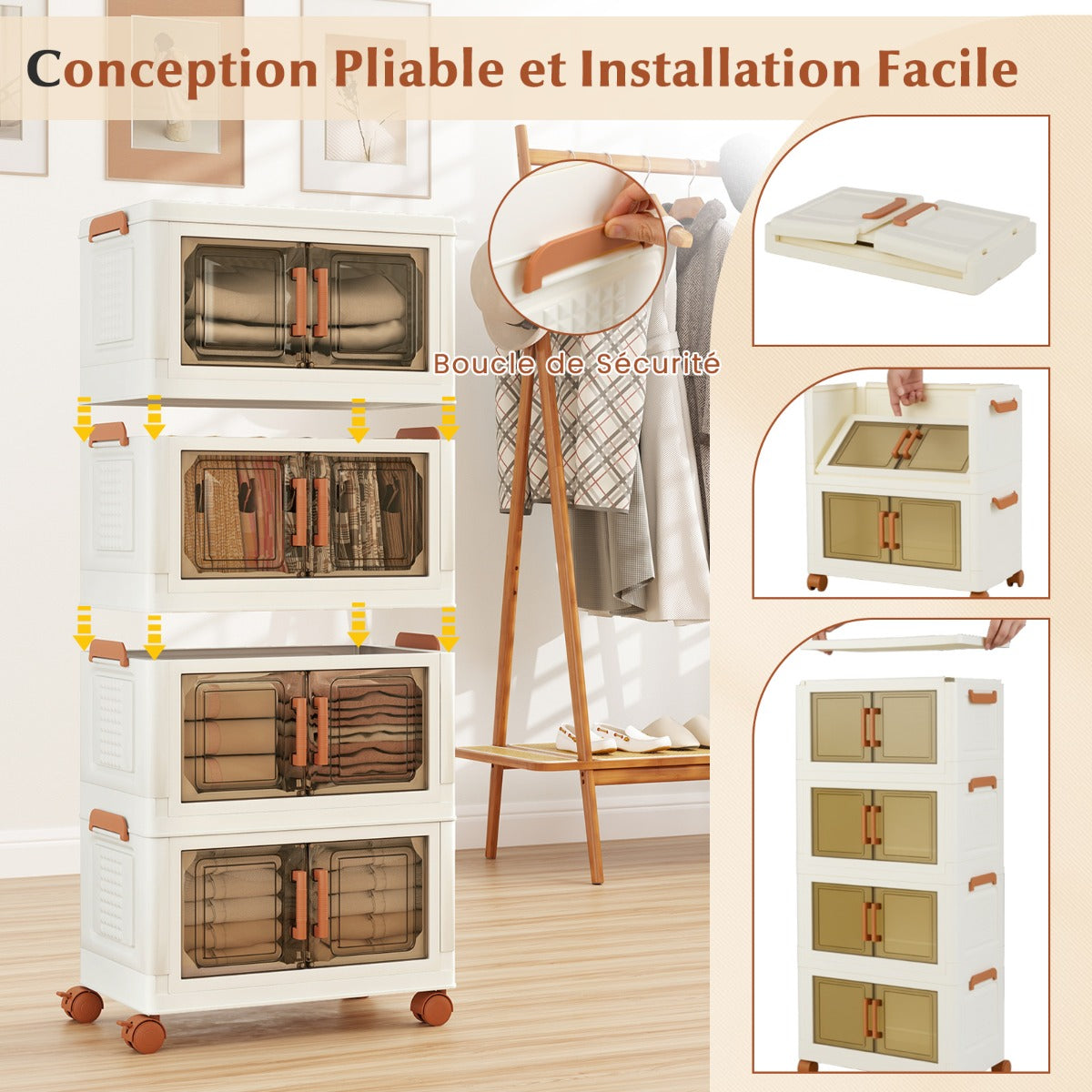 76L Collapsible Storage Bins with Lids Set of 4 Stackable Plastic Storage Boxes with Wheels White Storage Containers