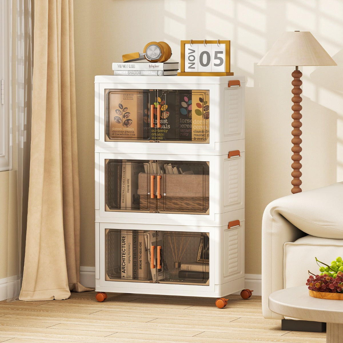 156L Collapsible Storage Bins with Lids Set of 3 Stackable Plastic Storage Boxes with Wheels White Storage Containers