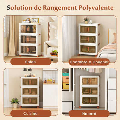 156L Collapsible Storage Bins with Lids Set of 3 Stackable Plastic Storage Boxes with Wheels White Storage Containers