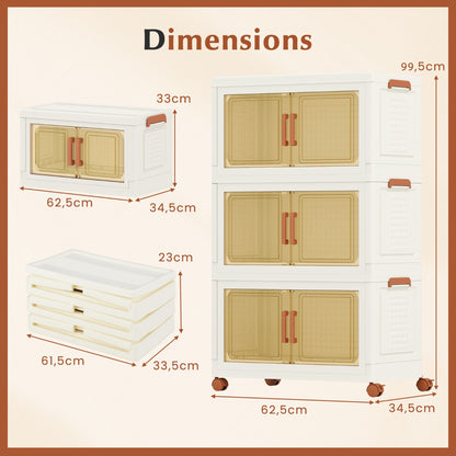156L Collapsible Storage Bins with Lids Set of 3 Stackable Plastic Storage Boxes with Wheels White Storage Containers