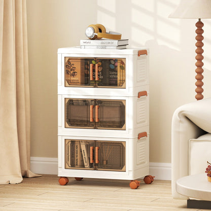 57L Collapsible Storage Bins with Lids Set of 3 Stackable Plastic Storage Boxes with Wheels White Storage Containers