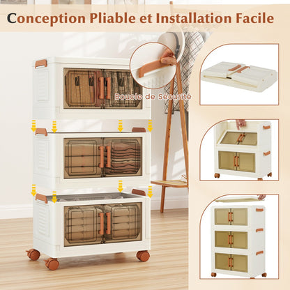 57L Collapsible Storage Bins with Lids Set of 3 Stackable Plastic Storage Boxes with Wheels White Storage Containers