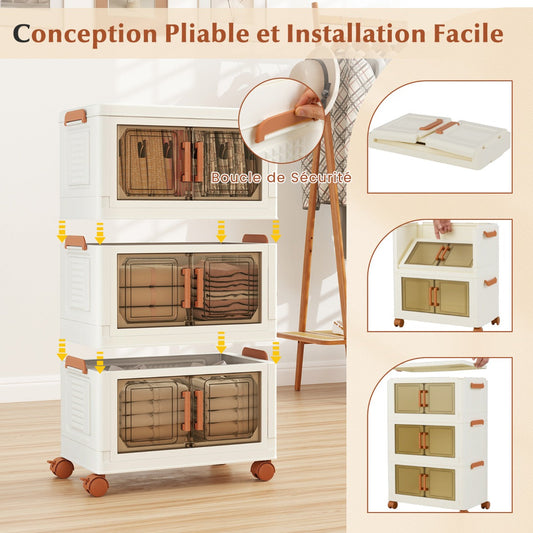 57L Collapsible Storage Bins with Lids Set of 3 Stackable Plastic Storage Boxes with Wheels White Storage Containers