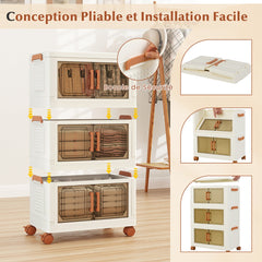 57L Collapsible Storage Bins with Lids Set of 3 Stackable Plastic Storage Boxes with Wheels White Storage Containers