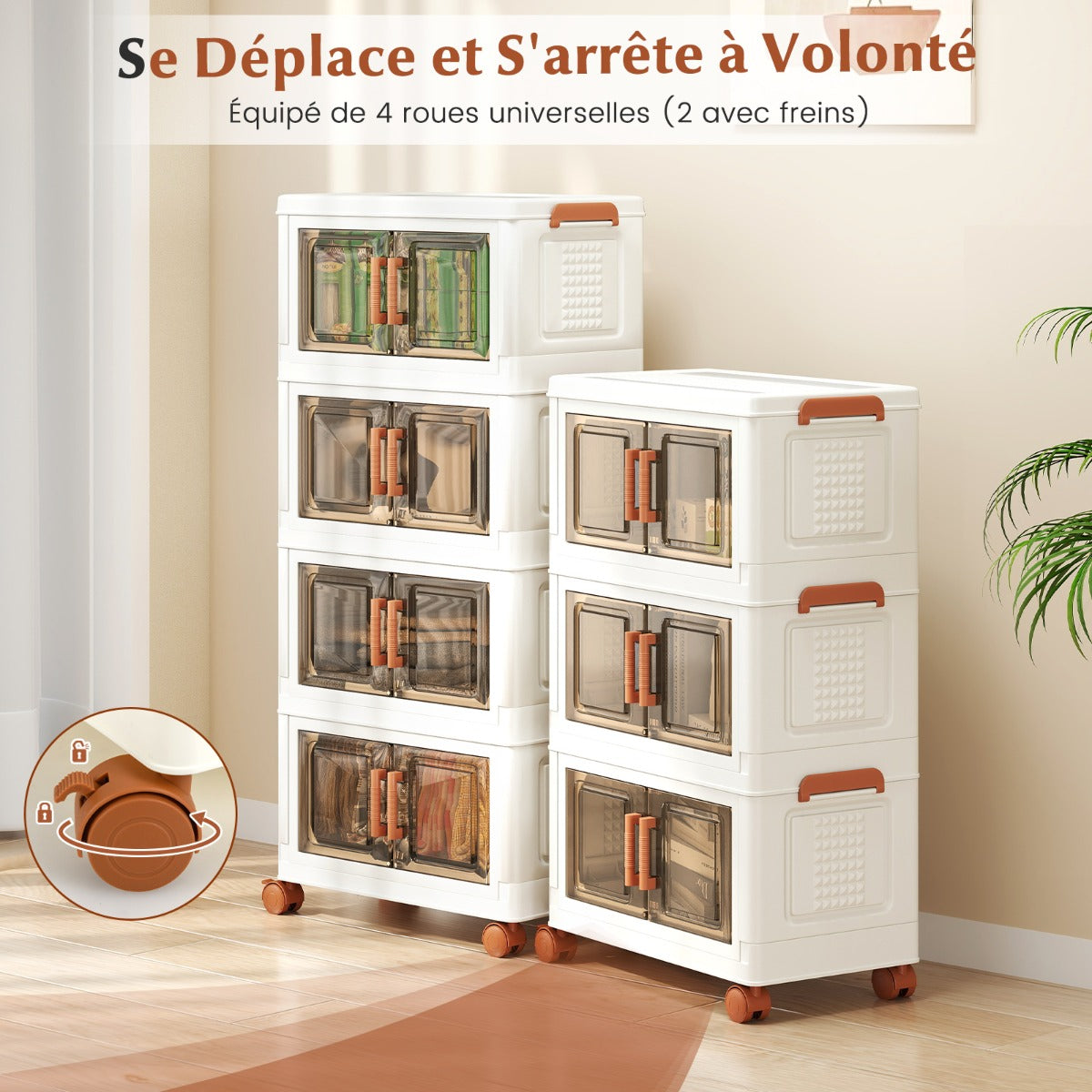 57L Collapsible Storage Bins with Lids Set of 3 Stackable Plastic Storage Boxes with Wheels White Storage Containers