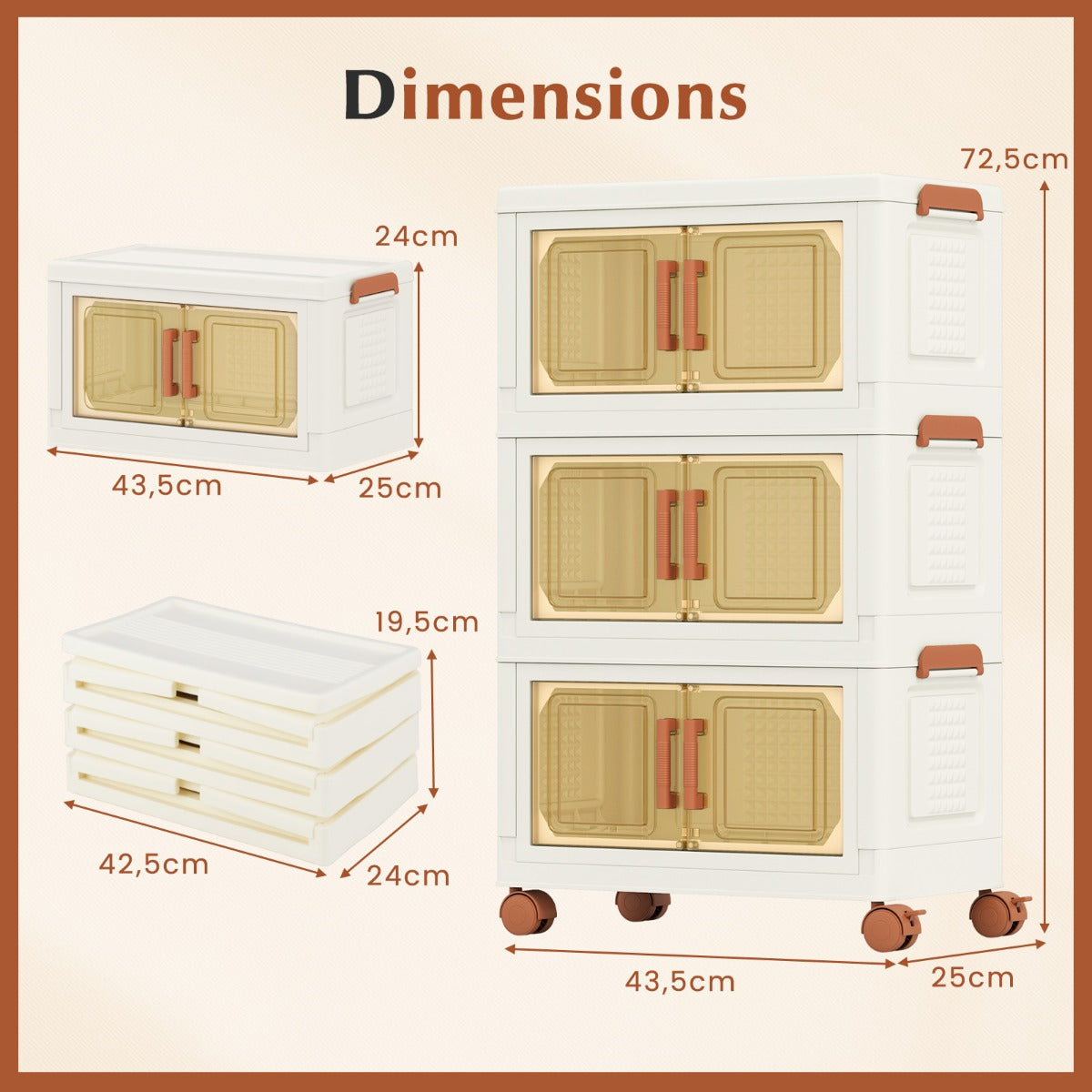 57L Collapsible Storage Bins with Lids Set of 3 Stackable Plastic Storage Boxes with Wheels White Storage Containers