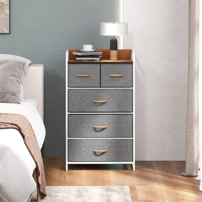 Vertical Dresser Storage Tower with Wooden Top and 5 Drawers-Grey