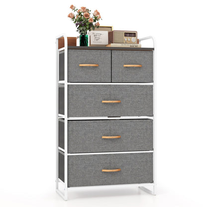 Vertical Dresser Storage Tower with Wooden Top and 5 Drawers-Grey