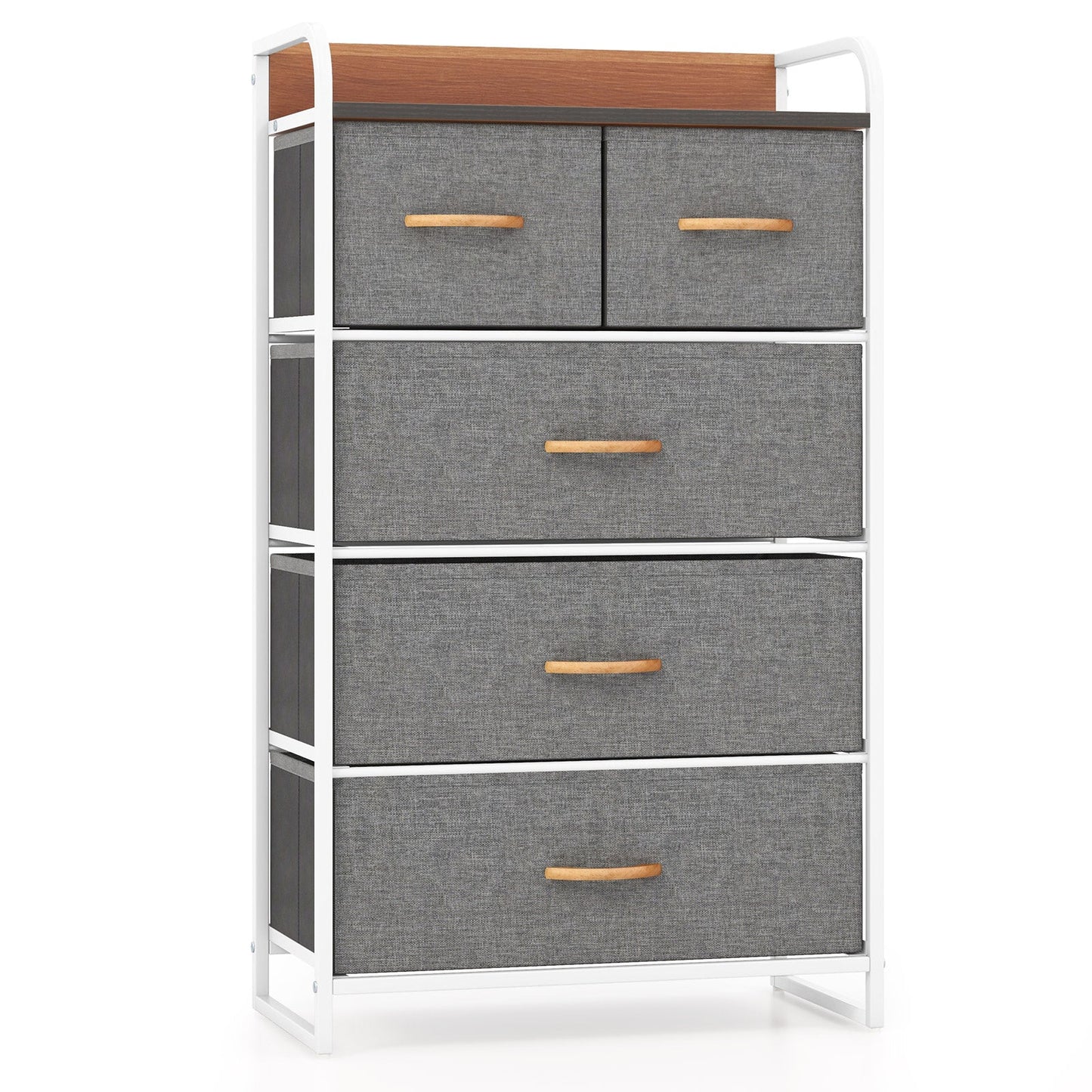 Vertical Dresser Storage Tower with Wooden Top and 5 Drawers-Grey