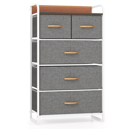 Vertical Dresser Storage Tower with Wooden Top and 5 Drawers-Grey