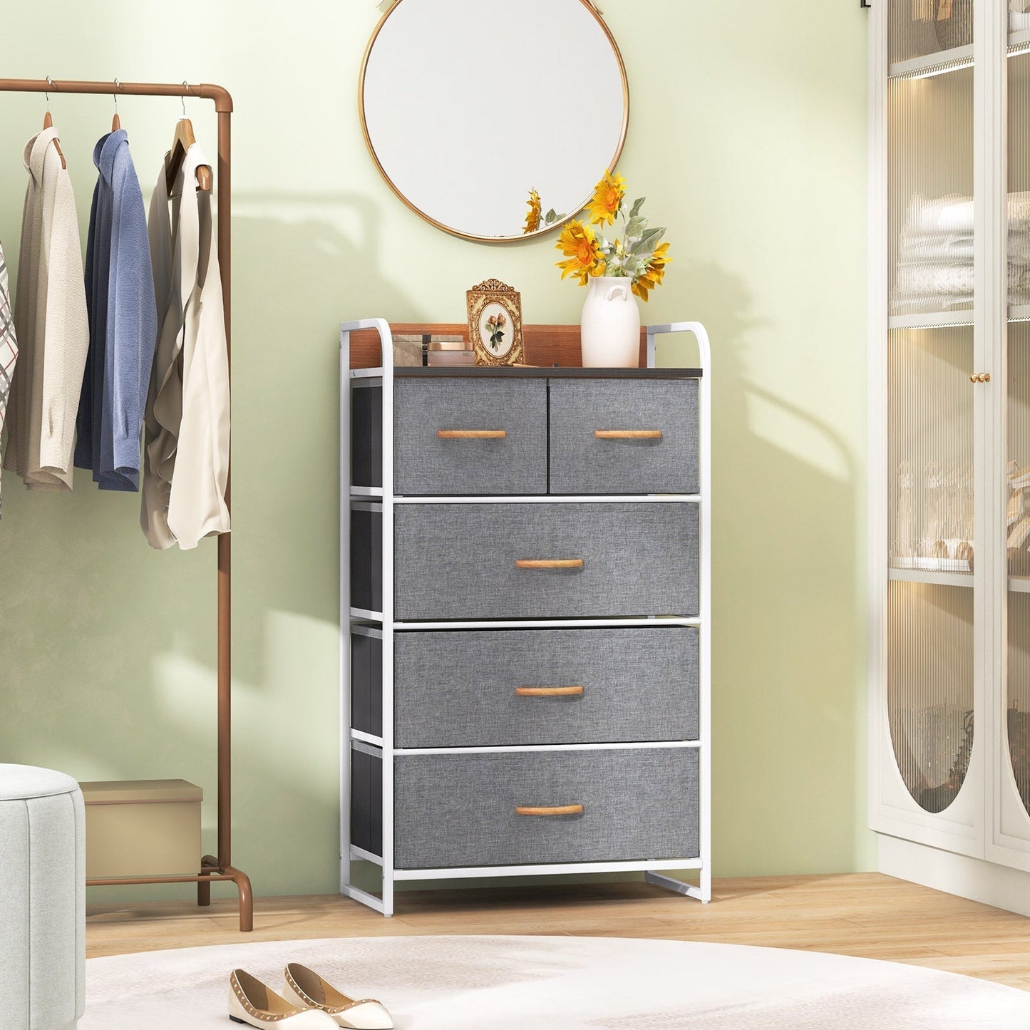 Vertical Dresser Storage Tower with Wooden Top and 5 Drawers-Grey