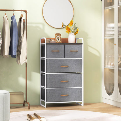 Vertical Dresser Storage Tower with Wooden Top and 5 Drawers-Grey