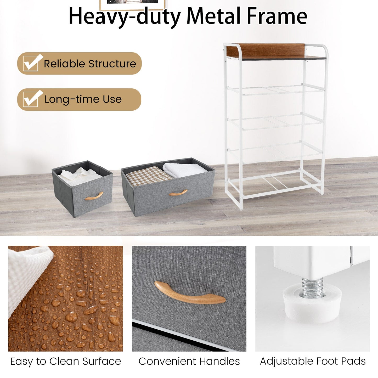 Vertical Dresser Storage Tower with Wooden Top and 5 Drawers-Grey