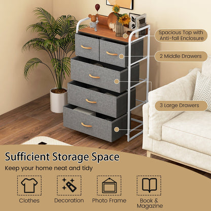 Vertical Dresser Storage Tower with Wooden Top and 5 Drawers-Grey